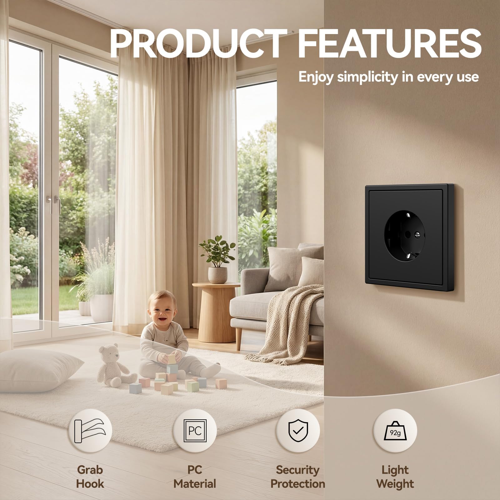 BSEED Enchufe de Pared con Garfio,Mate Enchufes Empotrable Estándar,Seguridad Infantil,Fácil Instalación,C-Series,1 Enchufe,80mm Negro