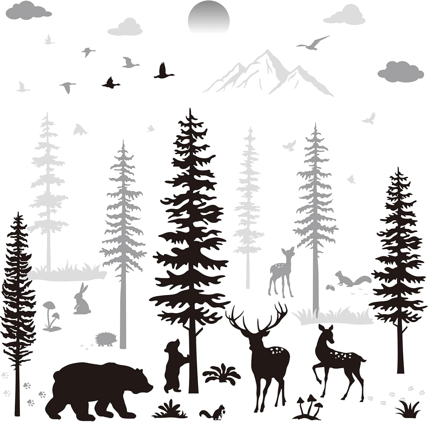 Nursery Wall Decals Forest Deers Wall Stickers Bear Pine Tree Wall Decals Mural Art Wallpaper for DIY Children Room Nursery Vinyl Removable Decals
