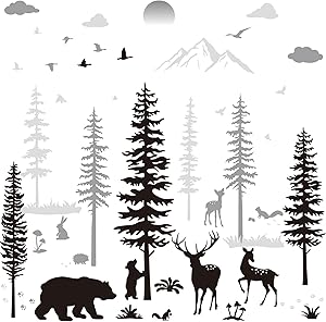 Nursery Wall Decals Forest Deers Wall Stickers Bear Pine Tree Wall Decals Mural Art Wallpaper for DIY Children Room Nursery Vinyl Removable Decals