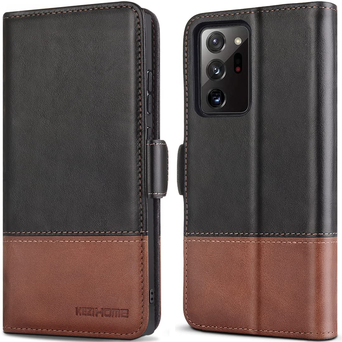 KEZiHOME Note 20 Ultra Case, Genuine Leather [RFID Blocking] Wallet Case Credit Card Slot Flip Magnetic Stand for Samsung Galaxy Note 20 Ultra 5G 2020 (Black/Brown)