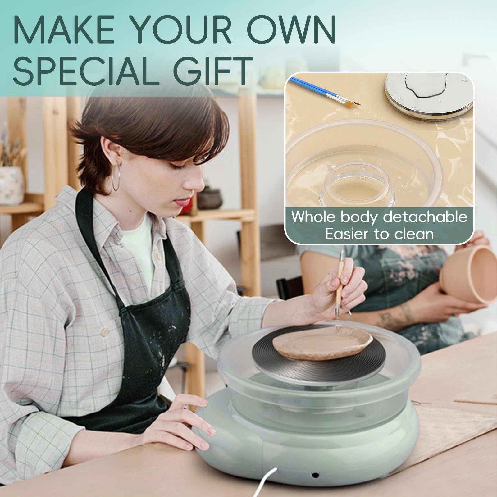 Elektrische Töpferscheibe mit stufenloser Geschwindigkeit & Fußpedal-Stopptaste - 12cm Pottery Wheel + 8-teiliges Zubehörset - Töpferset für Zuhause (Grün)