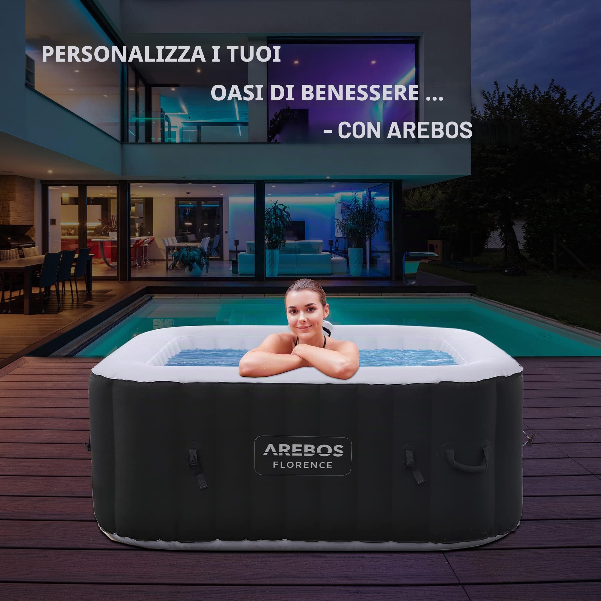 Arebos Vasca idromassaggio gonfiabile | 154x154 cm | per interni ed esterni | 4 persone | 100 ugelli massaggianti | 600 Litri | incl. copertura