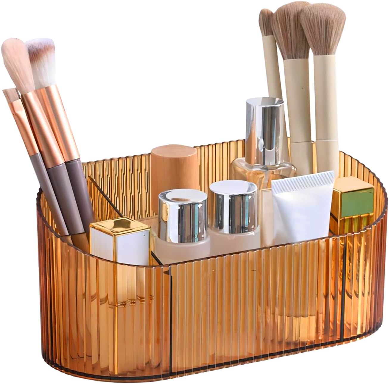 DASITON Large Capacity Makeup Brush Holder,5 Slot Makeup Brush Holder,Vintage striped Make Up Brush Holder,for Vanity Decor,Bathroom Countertops,Desk Storage Container,Cosmetic Display cases(Yelow) Yellow