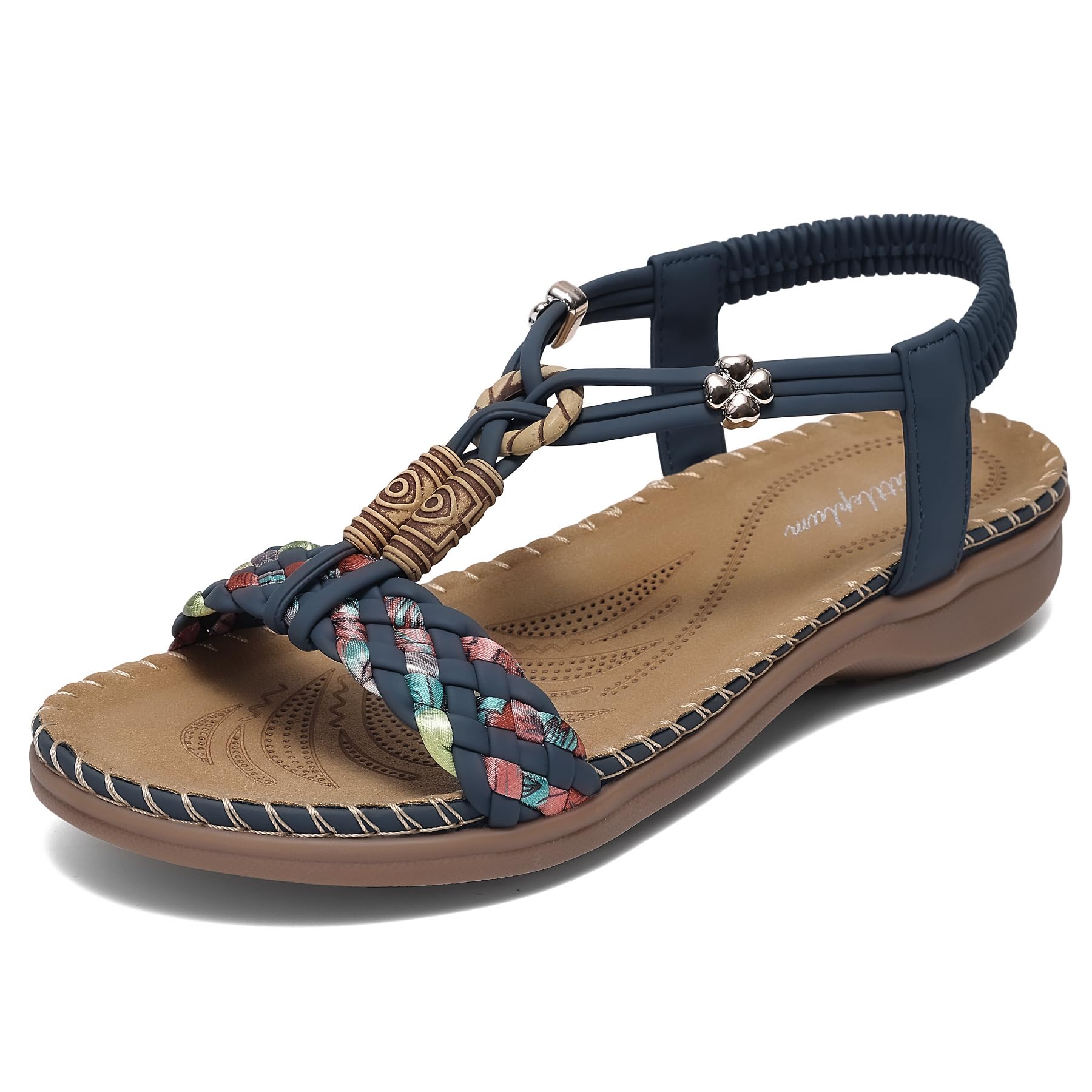 Littleplum Damen Sandalen Freizeit Flach Sandalette Handarbeit mit Strass Perlen Bohemia Strand Schuhe