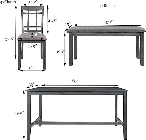 Miniatura 4 de Juego de mesa de comedor de madera de 6 piezas, juego de mesa de cocina con rectangular, juego de mesa de comedor con banco tapizado y 4 sillas