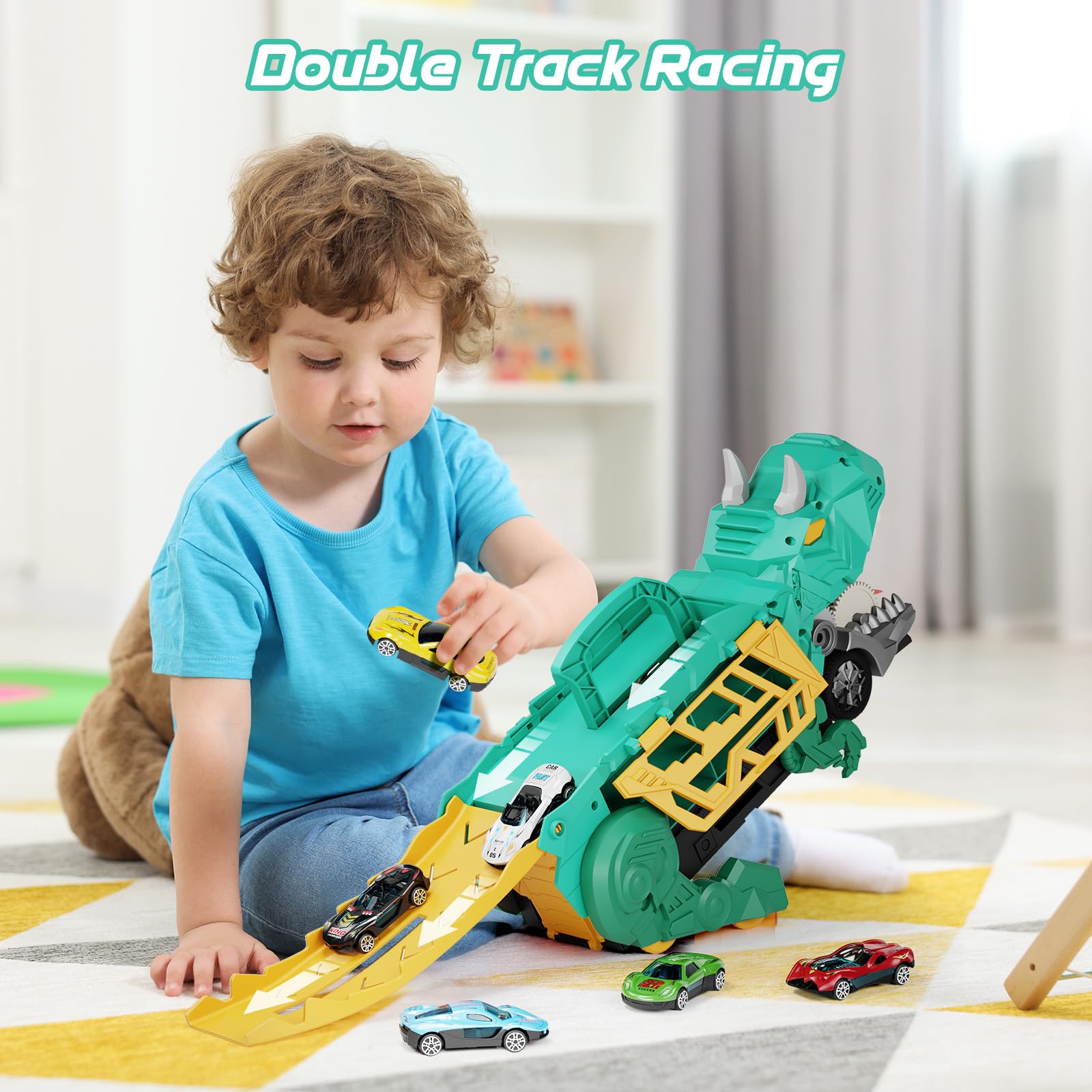 SHAWE Dinosaur Transporter Truck Toys for Boys Age 3-8, Portable Sliding Race Track Toy, 6 Racing Cars, Swallowing Action - Image 4