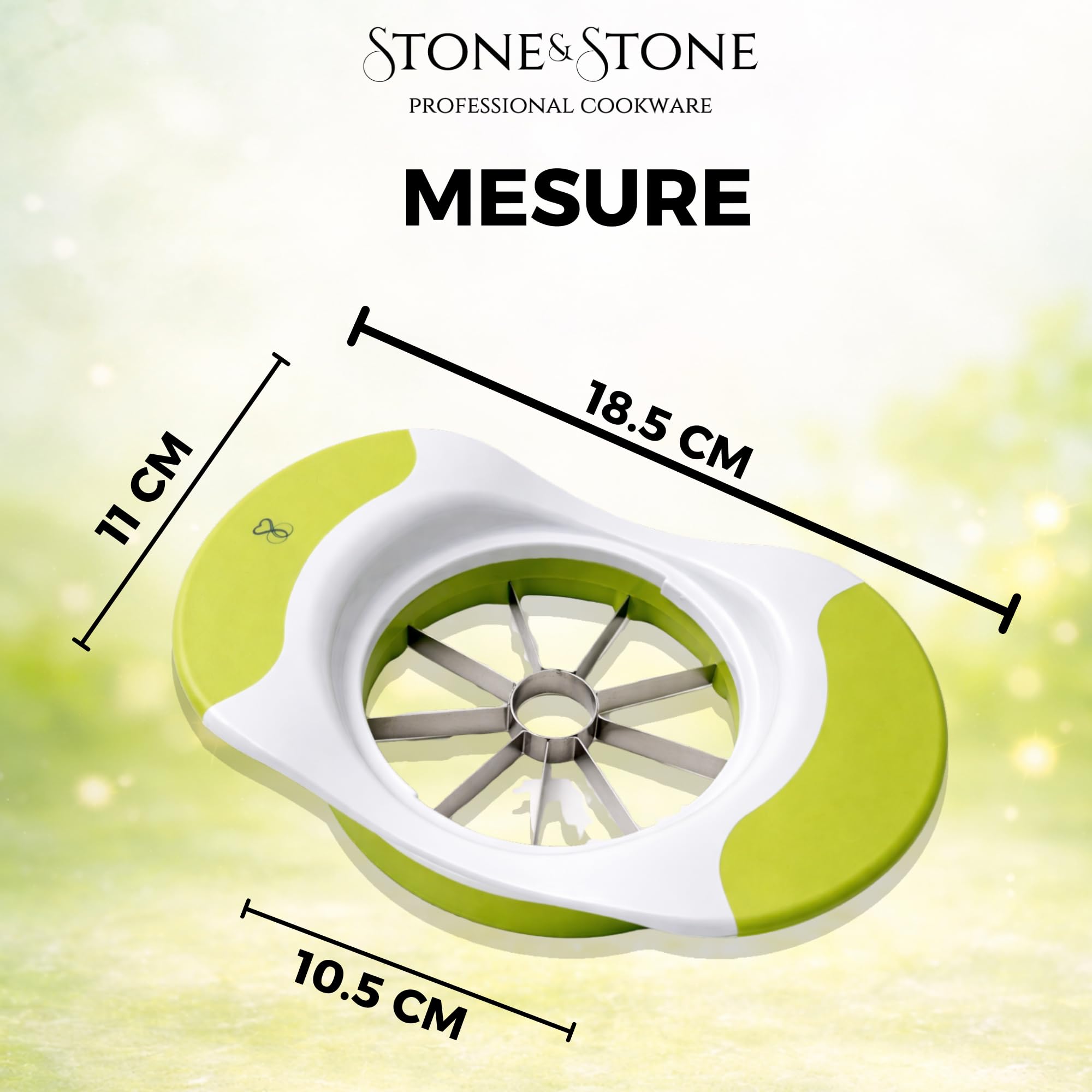 Stone&Stone Coupe Pomme Inox Professionnel avec 8 Lames Acier Inoxydable | Éplucheur de Pomme avec Levier Anti Trognon | Design Ergonomique ABS Sans BPA | Trancheuse à Fruits pour 8 Morceaux Parfaits