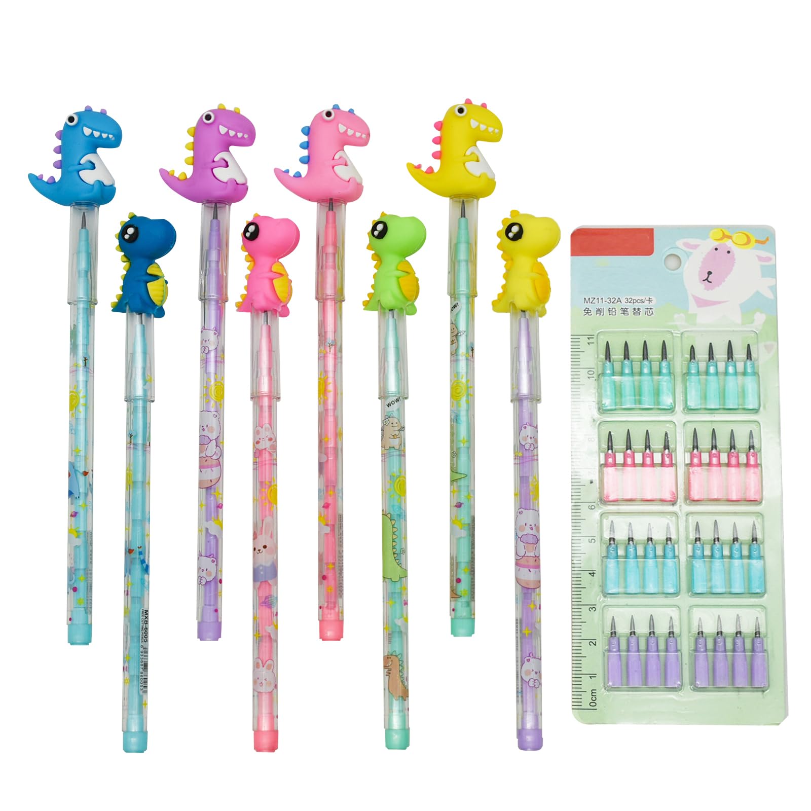 Lopenle 12 Pieces Stackable Pencils Novelty Stacking Pencil Dinosaur Pencils With 64 pcs Refills For School Students Office Using Supplies.