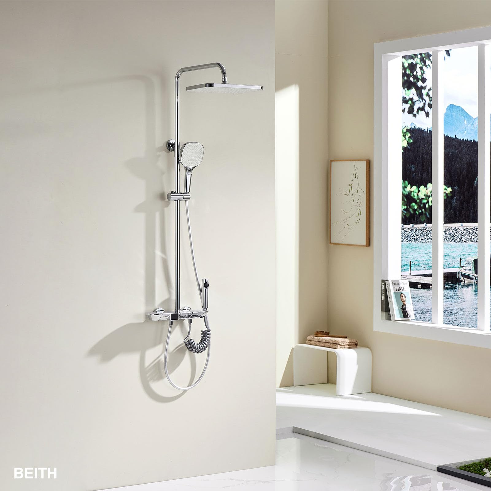 BEITH Sistema de Ducha Termostático, 30x20cm Cuadrado Columna de Ducha con Pantalla Digital LED, 4 Funciones Teclas del Piano Set De Ducha, 59A Latón Válvula, Autolimpieza, Durable, Altura Ajustable