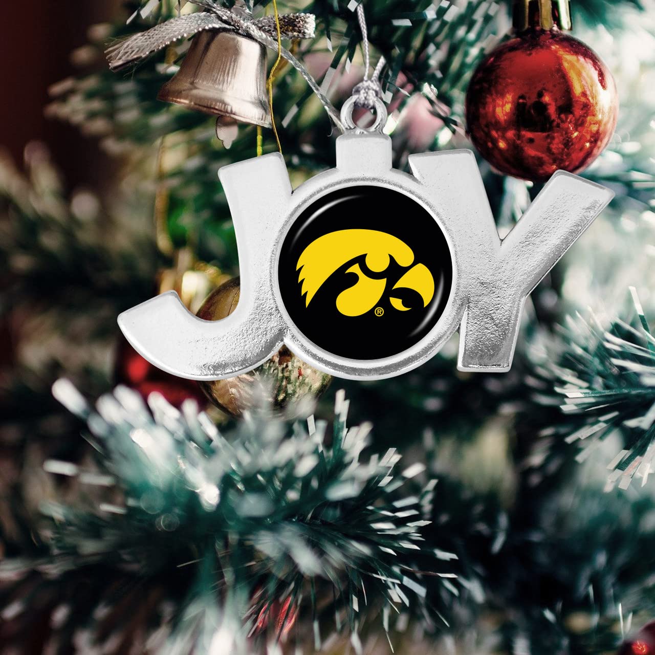 From the Heart Enterprises Iowa Hawkeyes Joy with Team Logo Silver Metal Christmas Ornament Gift Tree Decoration