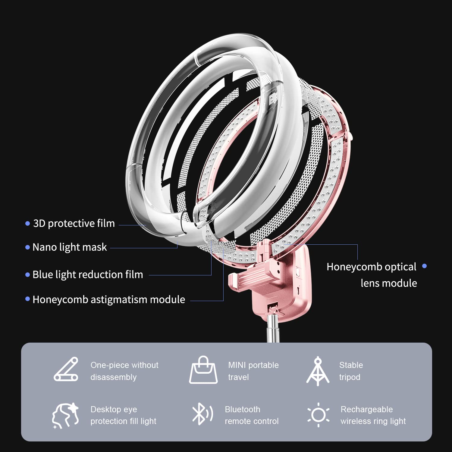 yAyusi Portatile Ring Light Professionale, 4000mAh Batteria Alimentato 10" Ring Light Telefono Wireless, Treppiede Smartphone Pieghevole con 3 Colore Luce ad Anello LED per Trucco, Fotografia (Rosa)