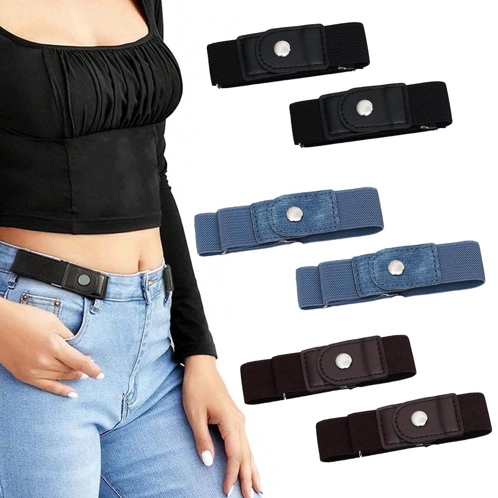 Buckleless Belt, No Buckle Belts for Women, Buckle Free Belt for Women with Adjustable Waistband, Belt Loops for Trousers, Side Belts for Women, Three Colors Black Brown Denim, 24cm to 35cm-image-48
