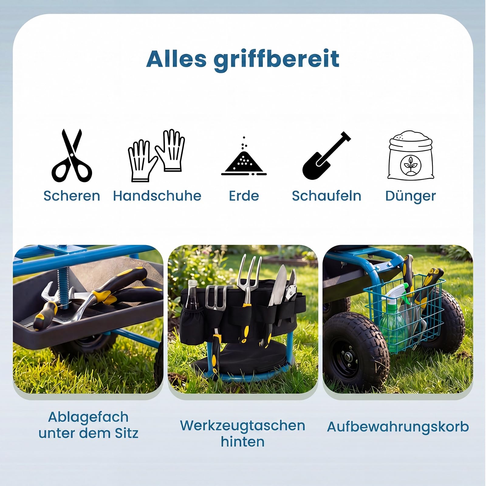 COSTWAY Gartenwagen mit Rollsitz & ausziehbarem Griff, Mobiler Gartensitz mit Ablage & Korb & Werkzeugtasche & Sitzkissen, 360 ° drehbar | höhenverstellbar, Lenkbarer Gartenhocker bis 135 kg (Blau)
