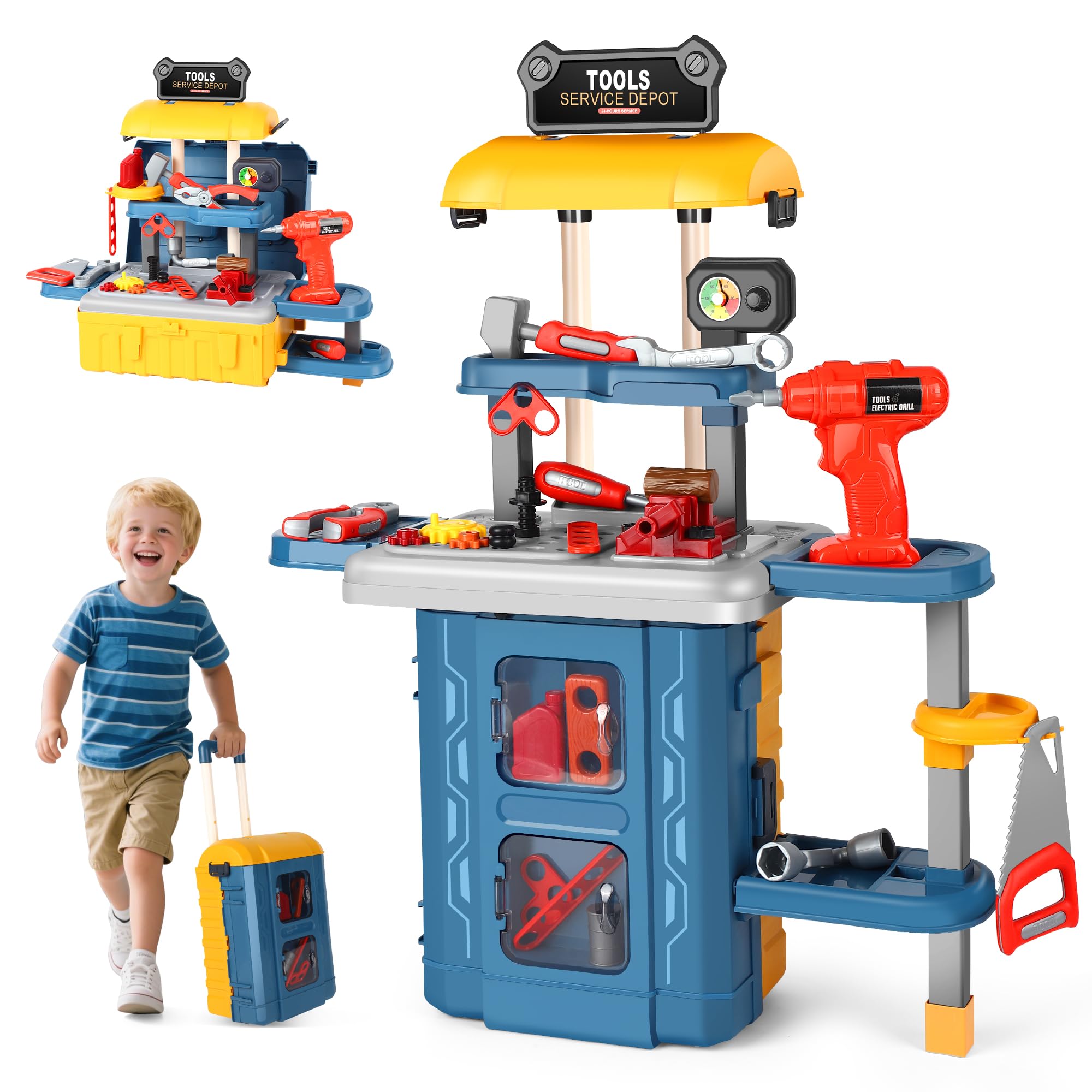 3 en 1 Banco de Herramientas Juguete, 46 Piezas Trabajo Jugete Juego Caja Herramientas Juguetes Cumpleaños Navidad Regalo para Niños Niñas 3 4 5 6 Años