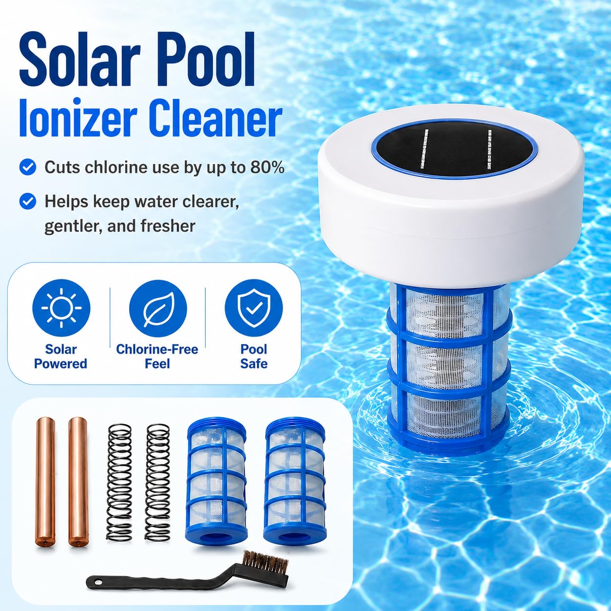 Pulitore solare ionizzatore per piscine, purificatore d'acqua agli ioni di rame e argento, con 2 set di accessori, senza cloro, per piscine fuori terra, spa e vasche idromassaggio
