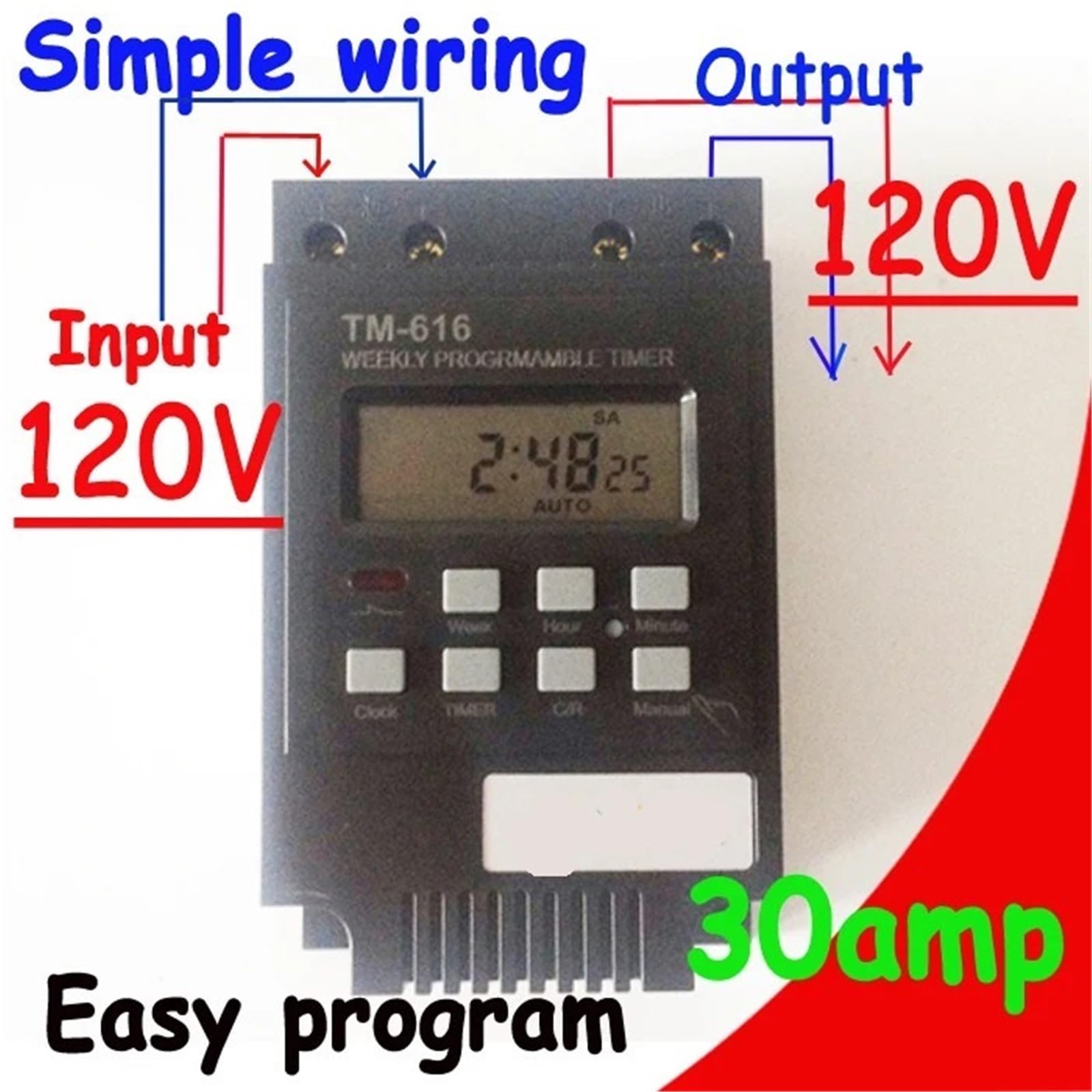1 sztuka przekaźnik czasowy 30 A, cyfrowy programator czasowy, sterowanie 110 V, 120 V AC, montaż na szynie DIN