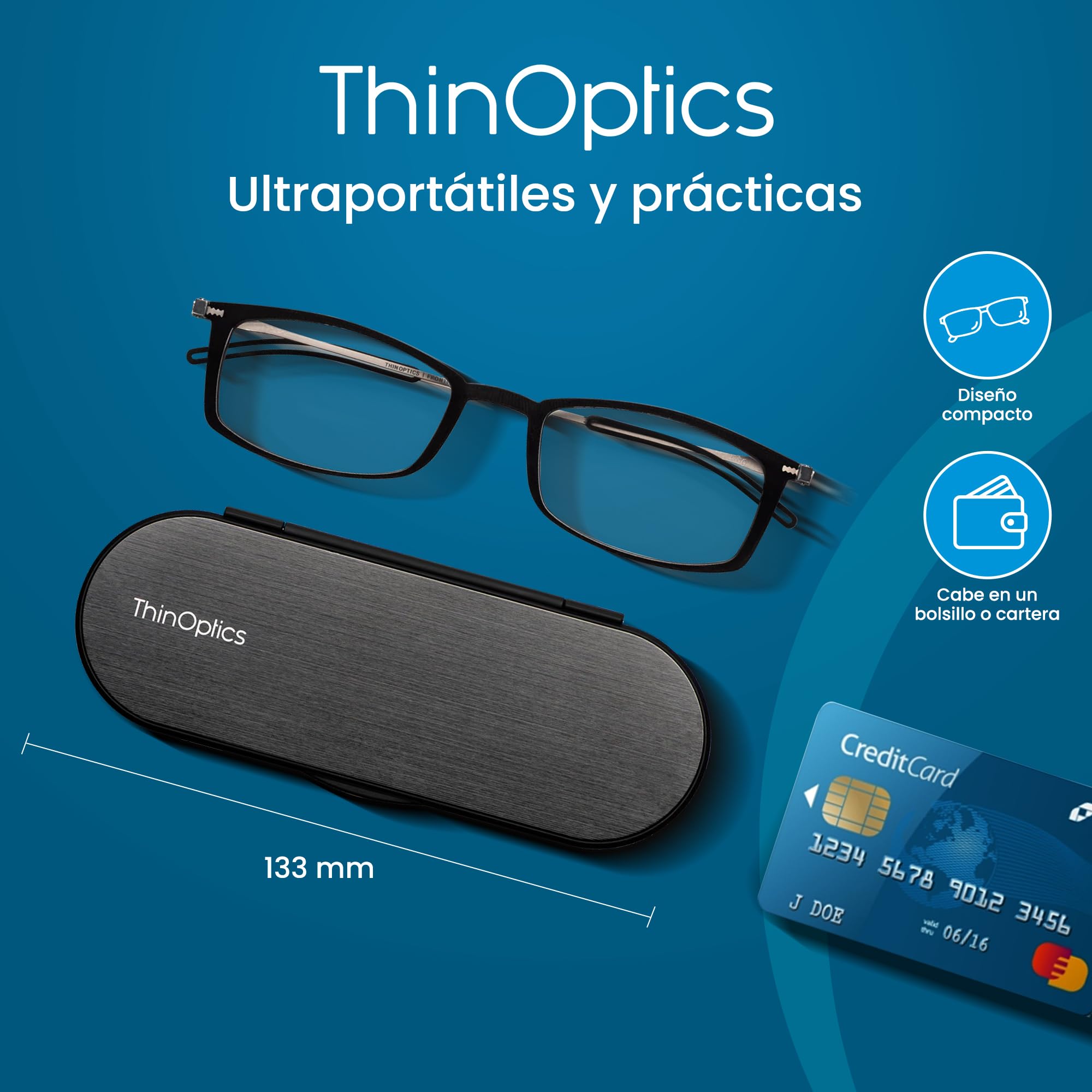 ThinOptics Gafas de Lectura Brooklyn, Rectangular, Funda Milano, Plegables | Gafas de lectura plegables y compactas para hombre y mujer, siempre a mano, tecnología Flex-Fit, para llevar en el bolsillo