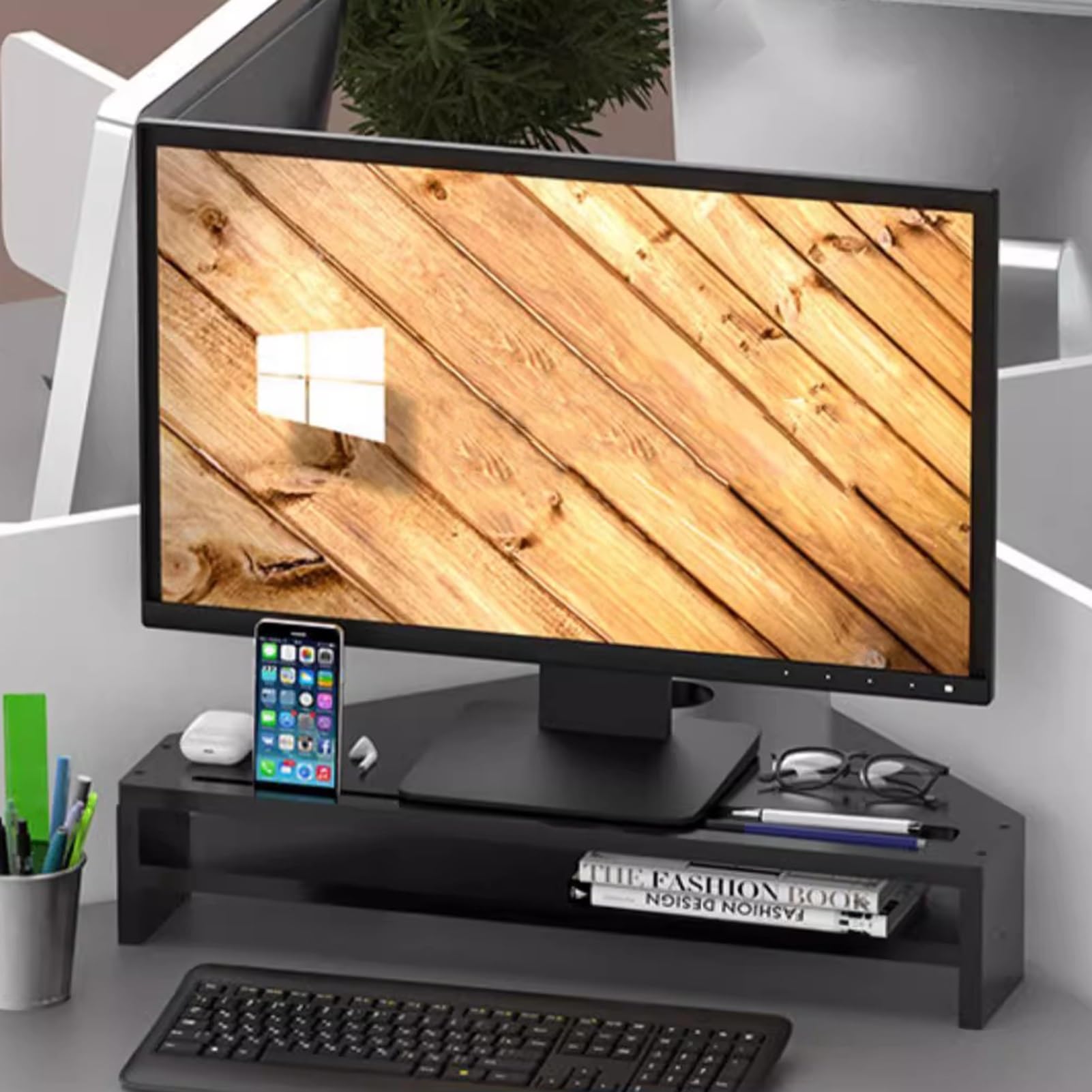Stojak na Monitor Nowoczesny Czarny Stojak Pod Monitor, Dwuwarstwowy Regał Biurowy do Ekranu Laptopa, Trójkątna Drewniana Półka na Biurko Oszczędzanie Przestrzeni (Size : 57cm/22.5in L x 11cm/4.3in H