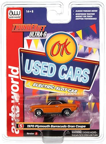 Auto World Thunderjet OK Used Cars 1970 Plymouth Barracuda Gran Coupe (Orange) HO Scale Slot Car