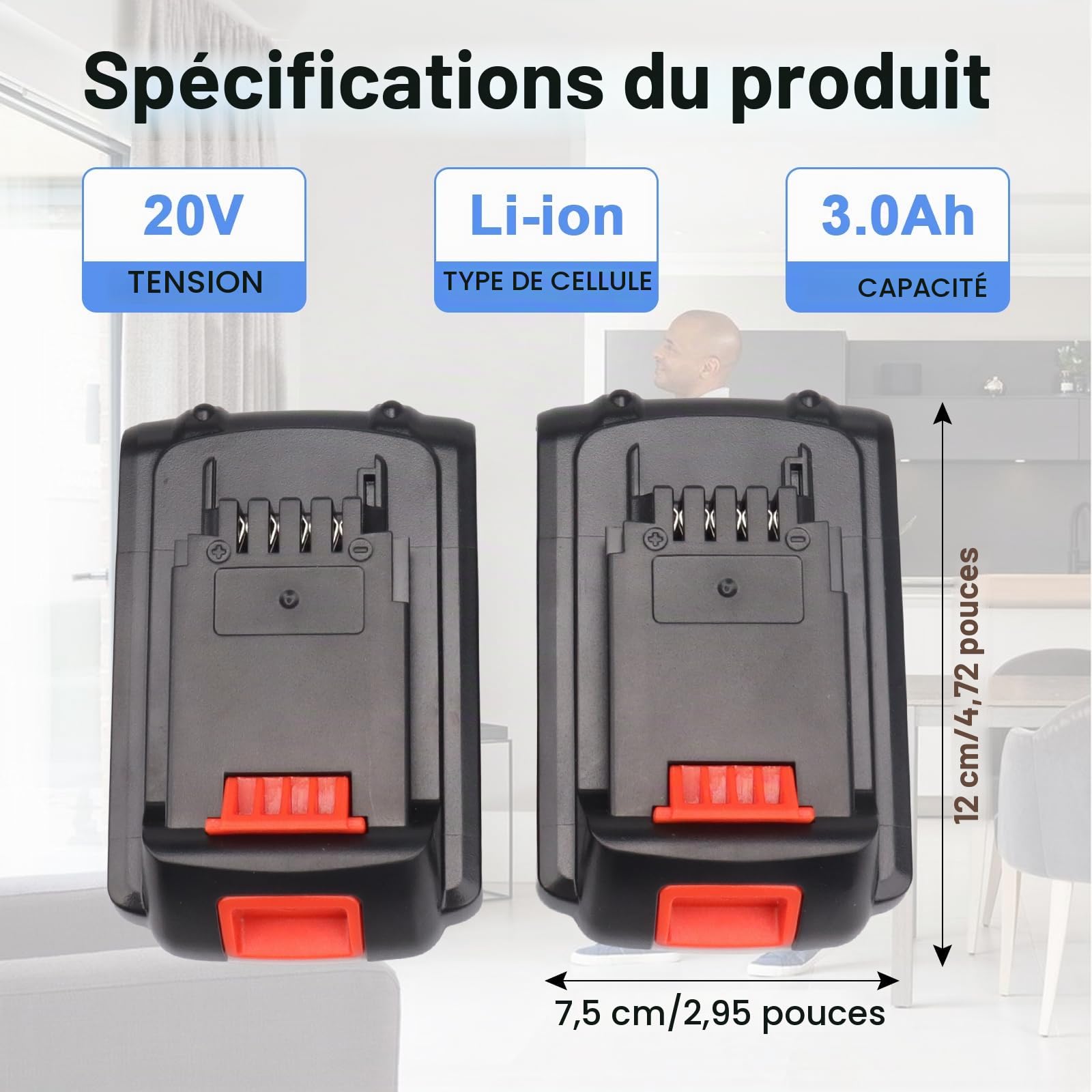 Lot de 2 Batteries de Rechange au Lithium 20 V 3000 mAh pour Black & Decker BL1518 BL2018 LBXR20 LBXR2020-OPE LB20 LBX20 LB2X4020 BL2018-XJ 194309-1 194205-3 194204-5 196399-0 196673-6 LXT-400