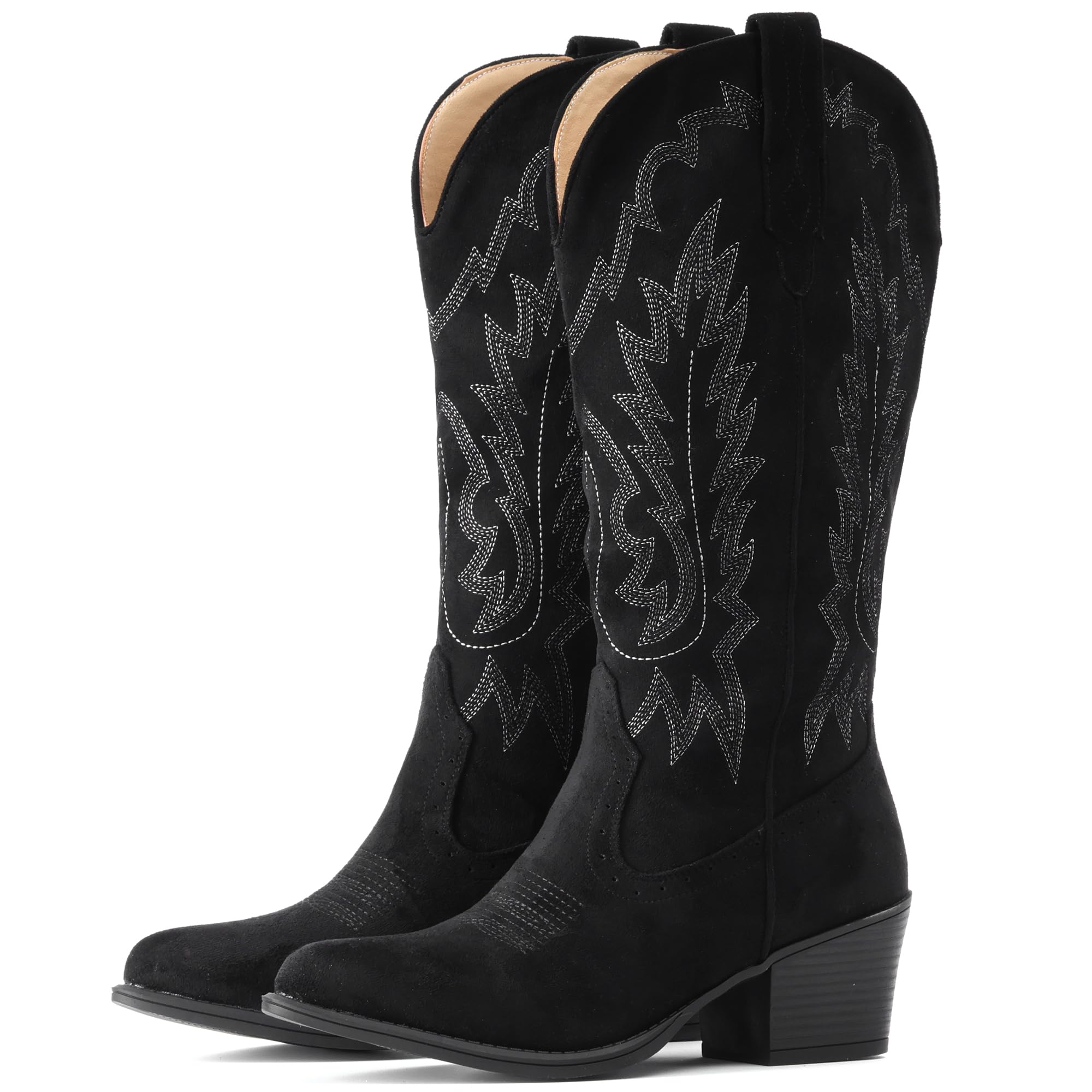 IUV Suede Cowboy Boots For Women Chunky Heel Pointed Toe Cowgirl Boots Mid Calf Western Embroidery fall Boot