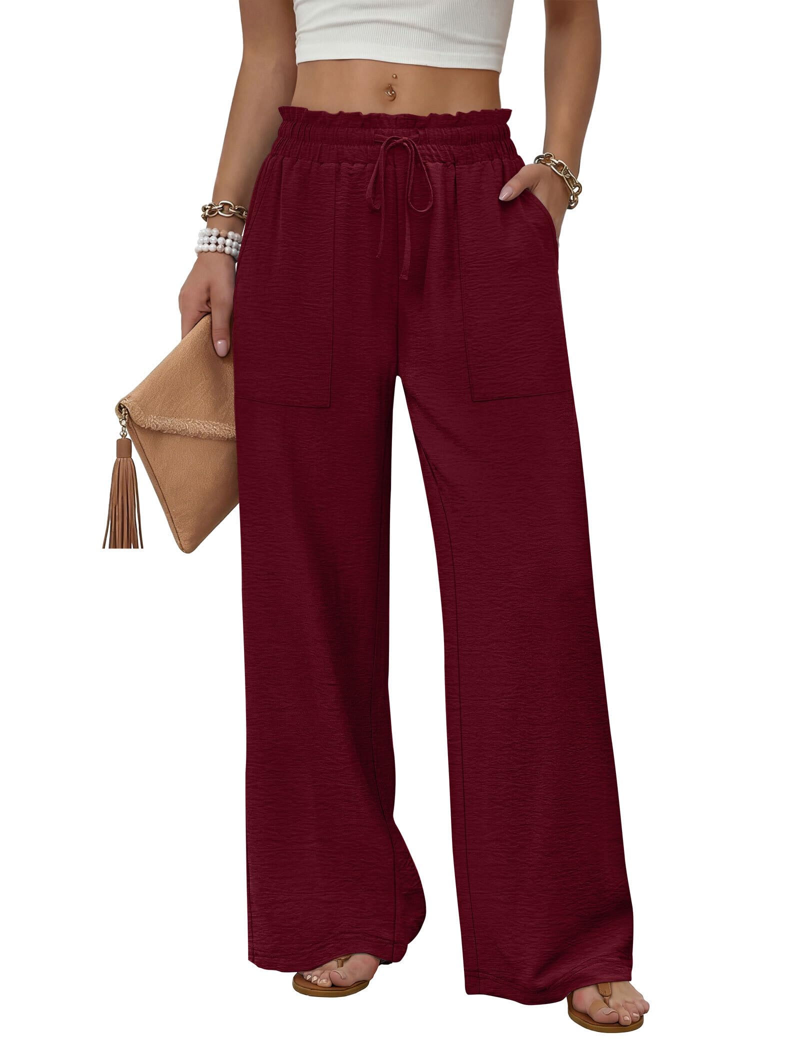 WIHOLL Women's Wide Leg Pants with Pockets Drawstring Loose Trousers Business Work Pants Summer Beach Vacation Clothes — view 6
