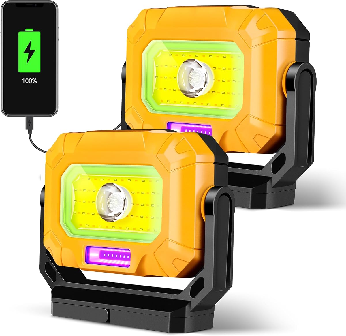 2 Pack Magnetic Work Light, 1200LM Rechargeable Shop Lights | 15 Lighting Modes, 360° Rotatable Flood Lights, Car Repairing, Job Site Lighting, Emergency Outdoor Camping Hiking