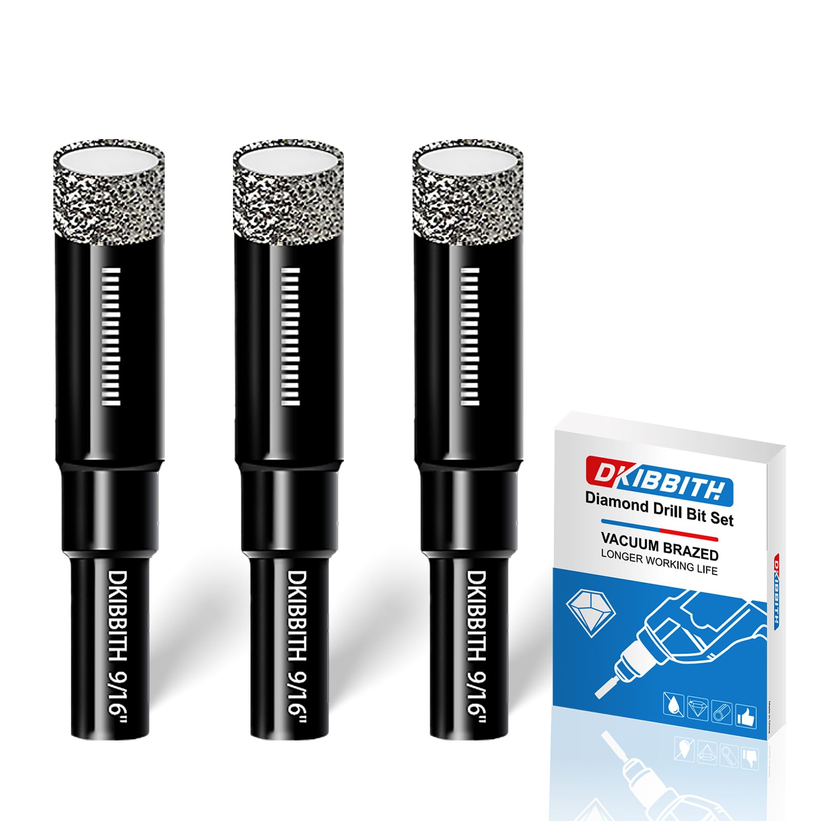 3pc 9/16” Diamond Core Drill Bits Set, 14mm Tile Drill Bits for Ceramic, Porcelain, Marble, Granite, Stone, Glass w/Integrated Coolant for Dry