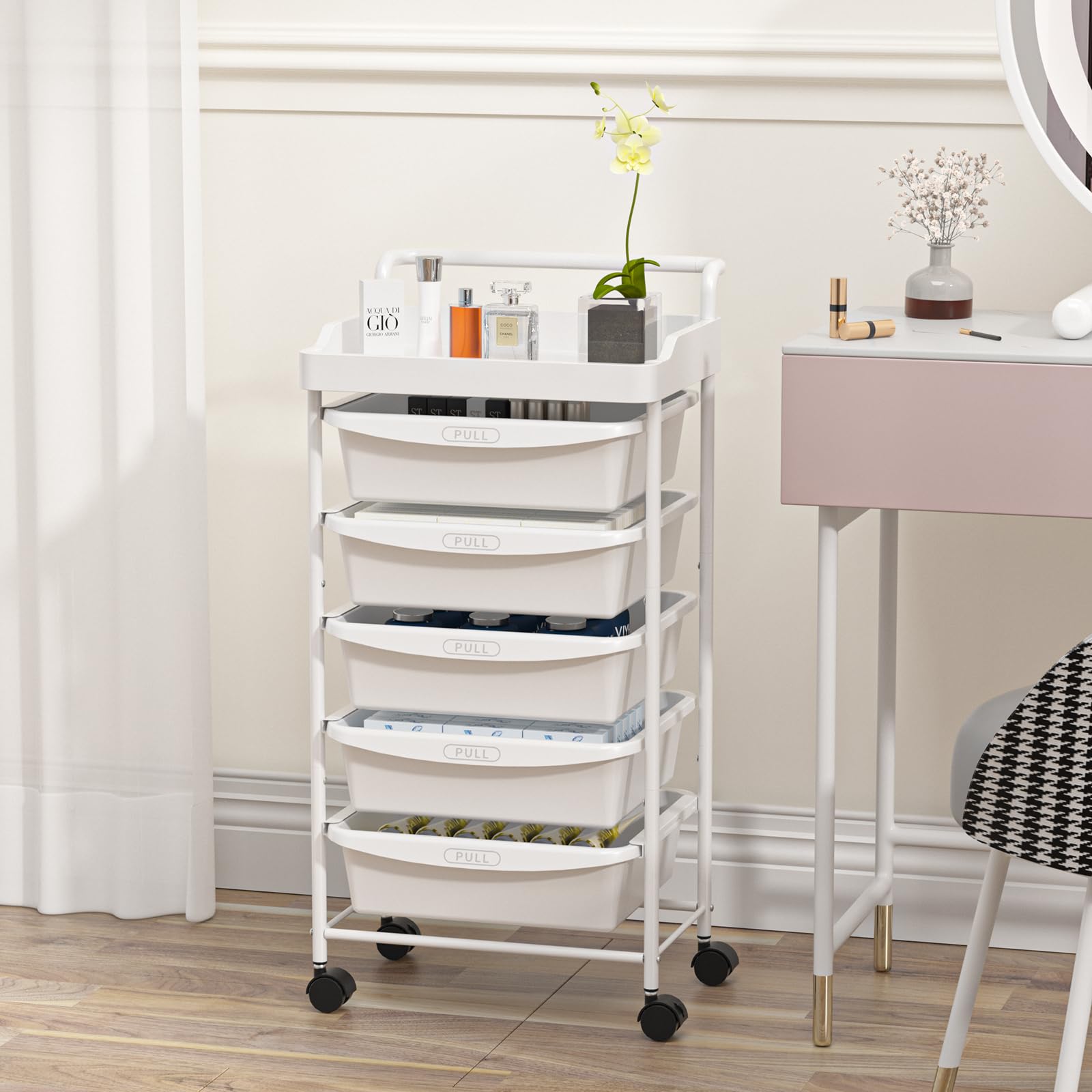 Carrello a 5 Cassetti con Ruote e Ripiani Mobile Salvaspazio Multifunzionale Storage Rack Bagno Cucina per Portavivande Portafrutta (Bianco)