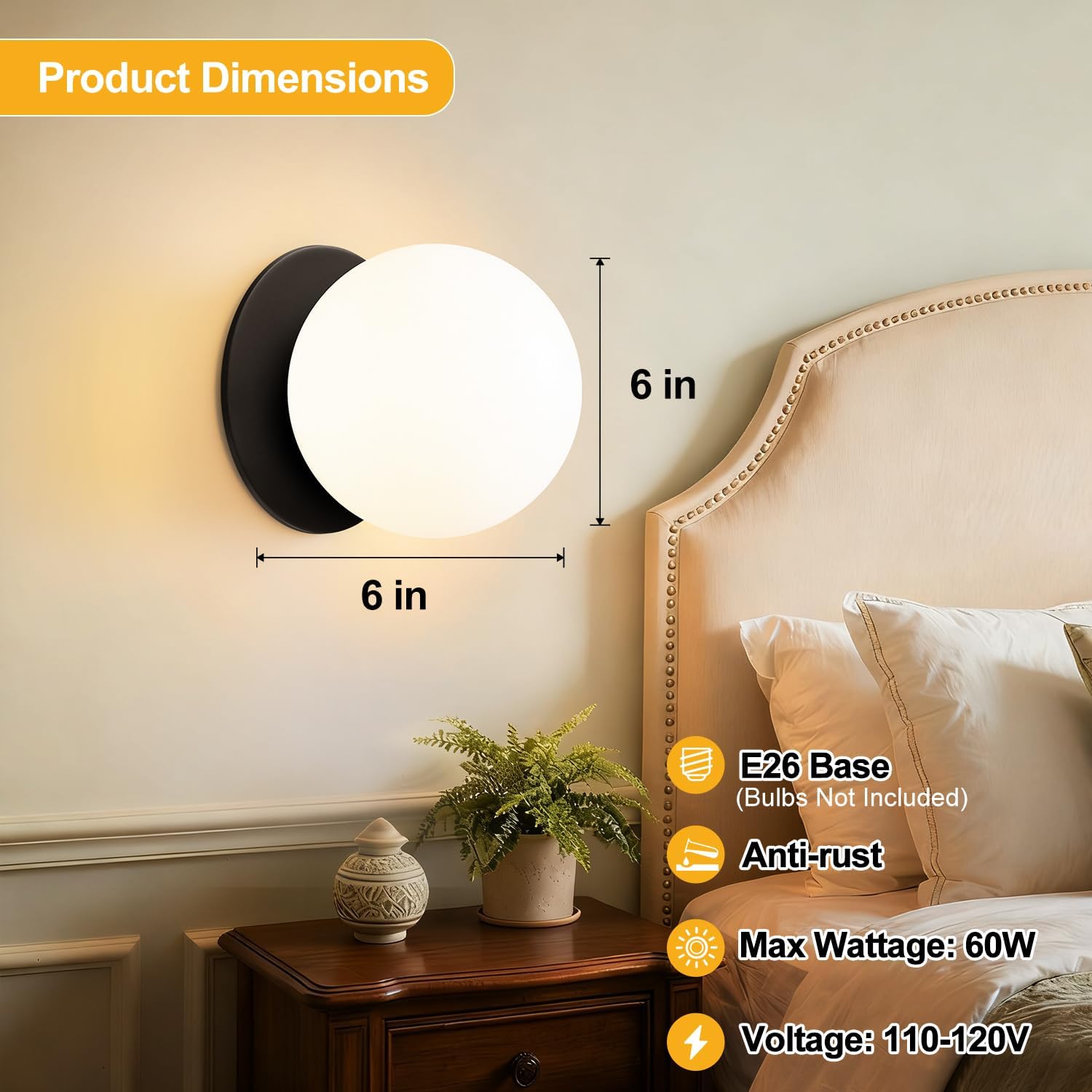 2 Pack Modern Matte Black Wall Light Fixtures, Mid-Century Globe Glass Wall Sconces Set of Two for Bathroom Mirror, Living Room, Hallway, Entryway (Bulbs Not Included)