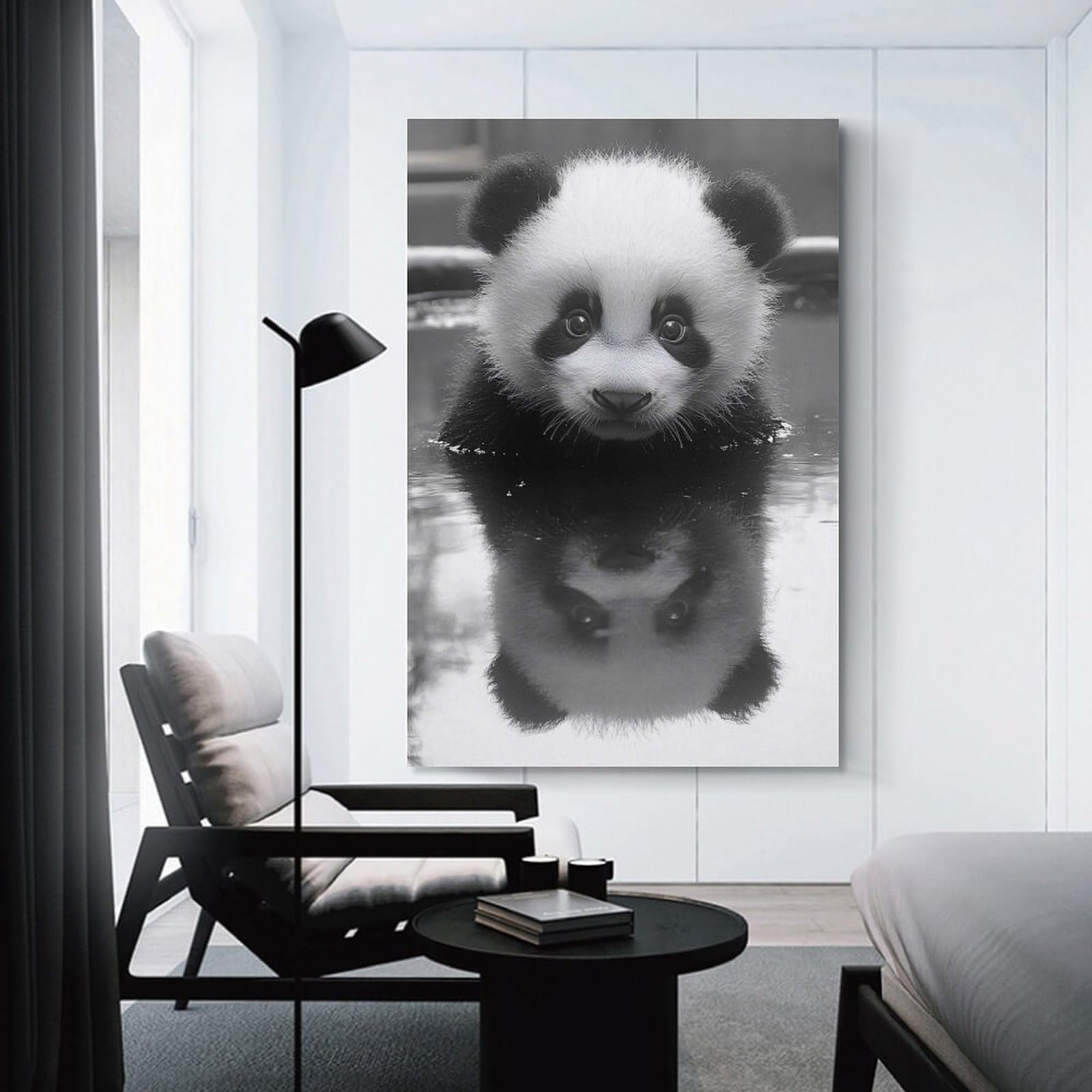 Junmoney Canvas Wall Art Panda Cub in Water Reflection, 20x30inch(50x75cm), for Living Room, Bedroom, Office Or Hallway, Decorative Artwork with Broad Appeal