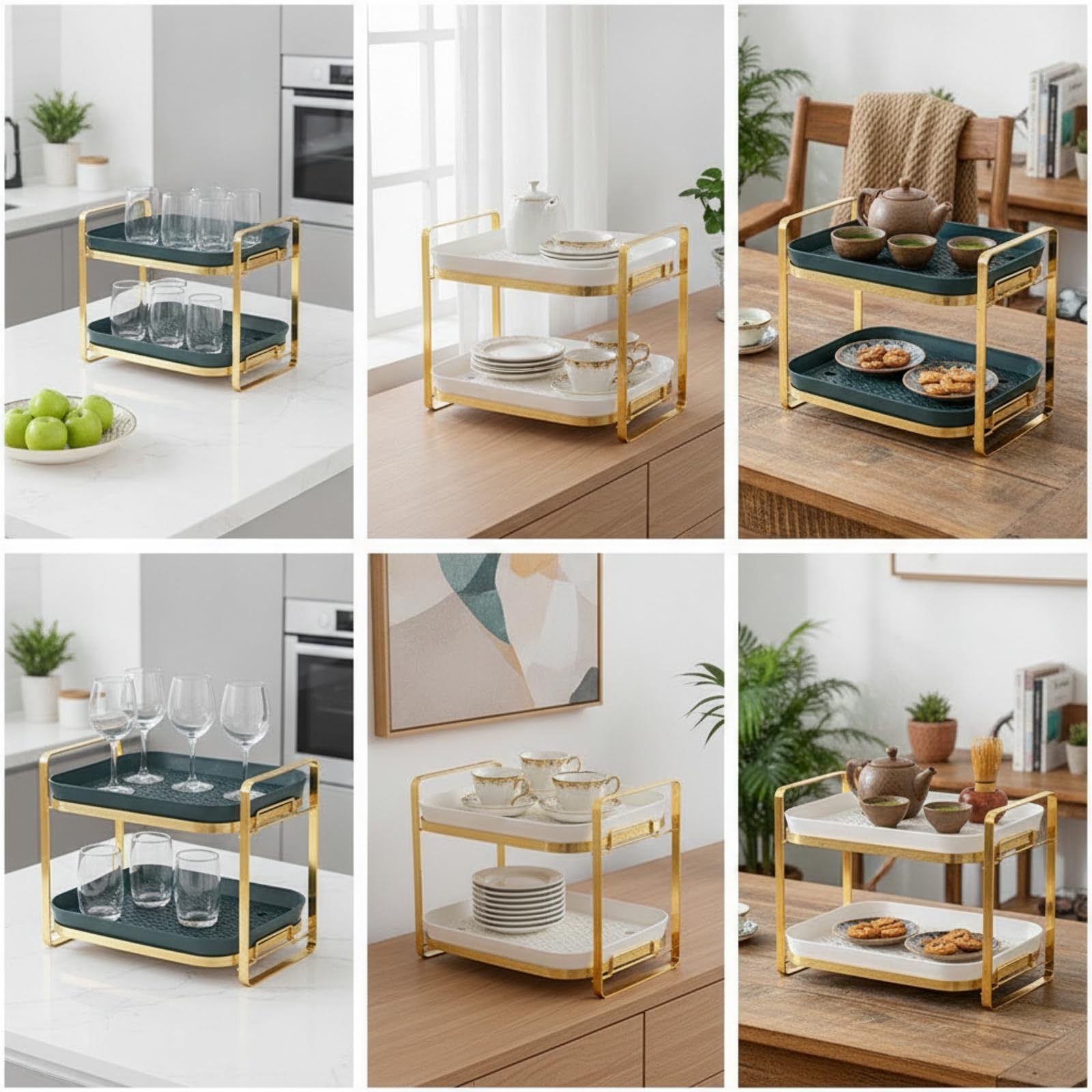 Scolabicchieri da Appoggio Staccabile Portabicchieri a Due Livelli Moderno Scolabicchiere per Cucina, Oro Brillante E Verde Scuro