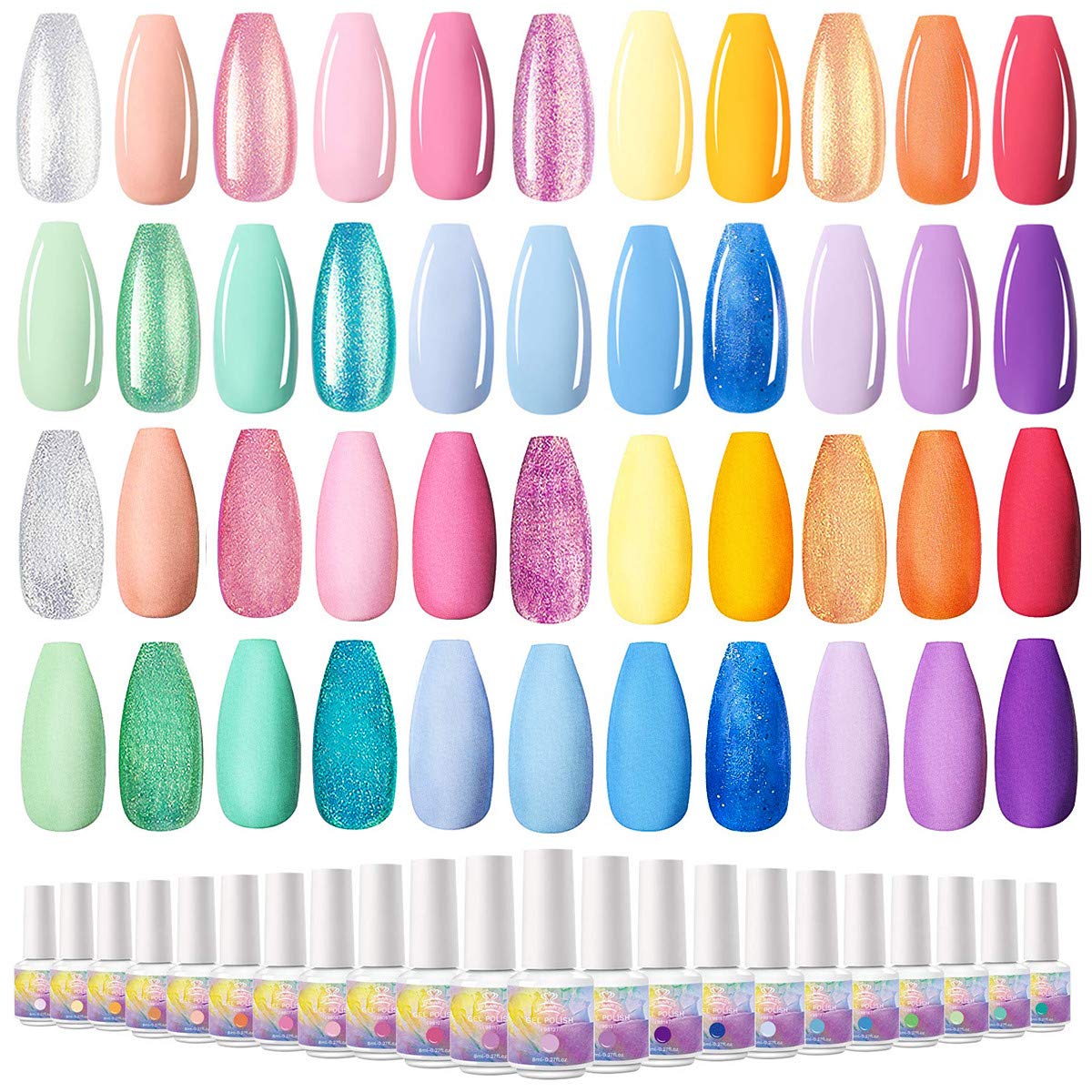 Amazon Com Makartt 24pcs Spring Colors Glitter Gel Nail Polish Kit 22 Colors Blue Green Pink Yellow Purple Fall Color Gel Polish Gift For Women Set With Soak Off Glossy Gel Top Base