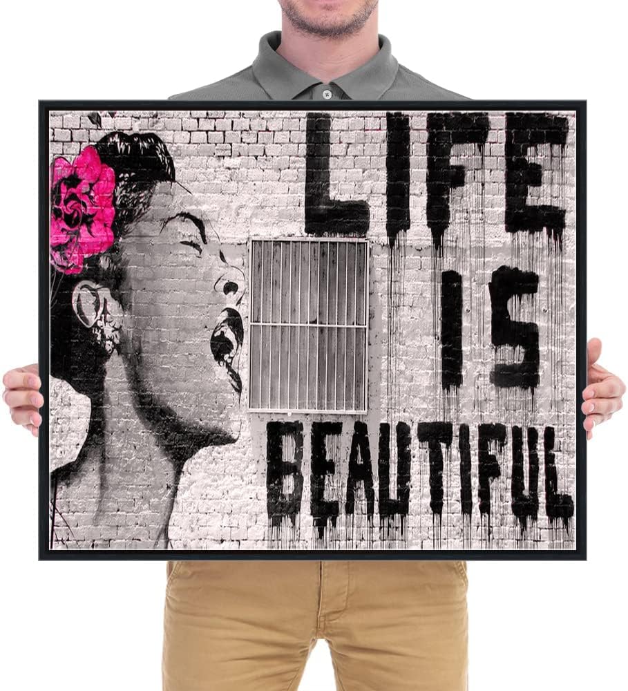 Wieco Art Framed Art Canvas Prints of Banksy Life is Beautiful Abstract Artwork for Wall Decor Black Frame BANKSY-2-5060-BF