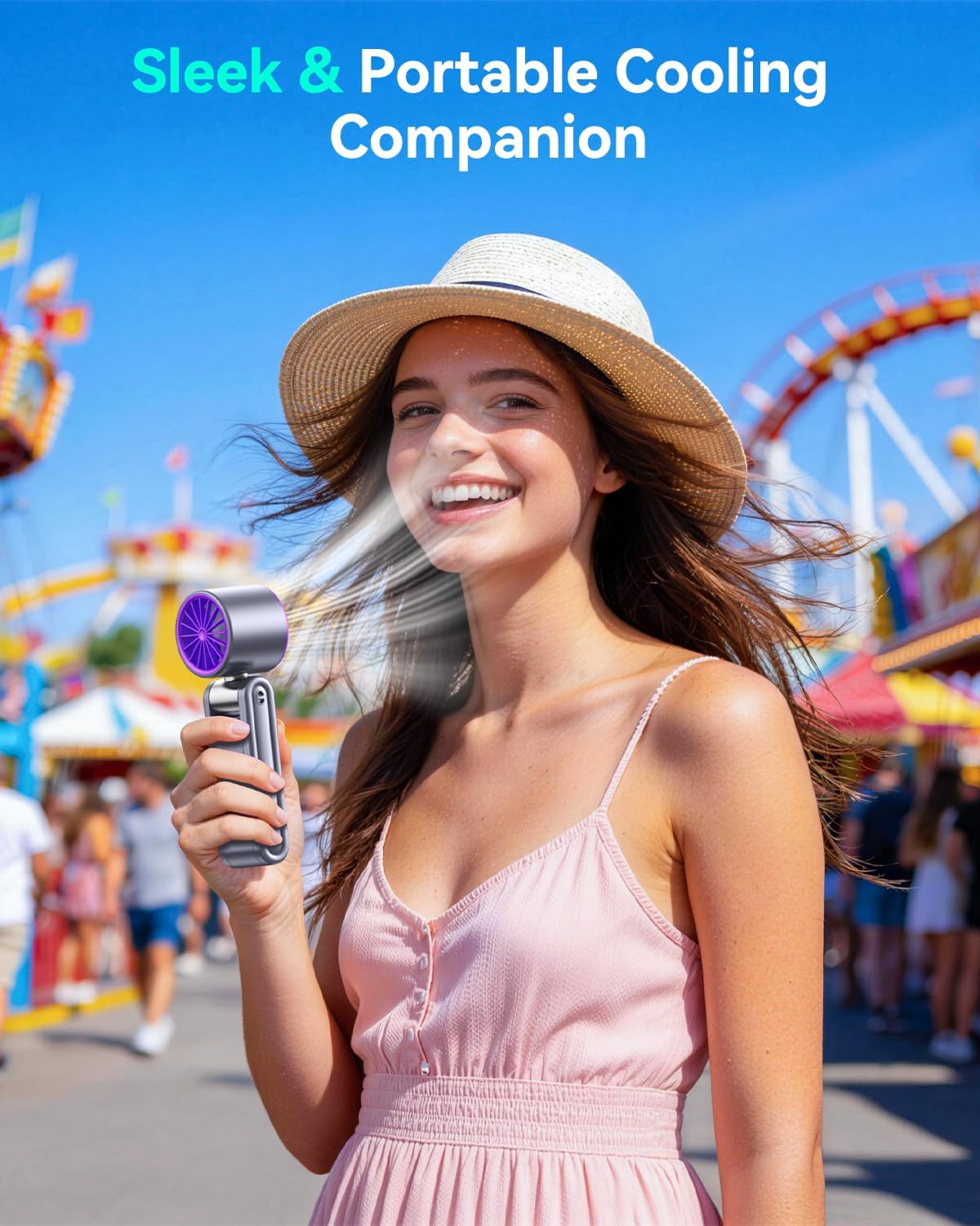 Portable Foldable Fan with Ice Cooling, 199 Speed Adjustable Handheld Fan Stand, 5500mAh Rechargeable Personal Fan with Digital Display and Lanyard, Summer Essential for Travel, Office, Outdoor,Grey