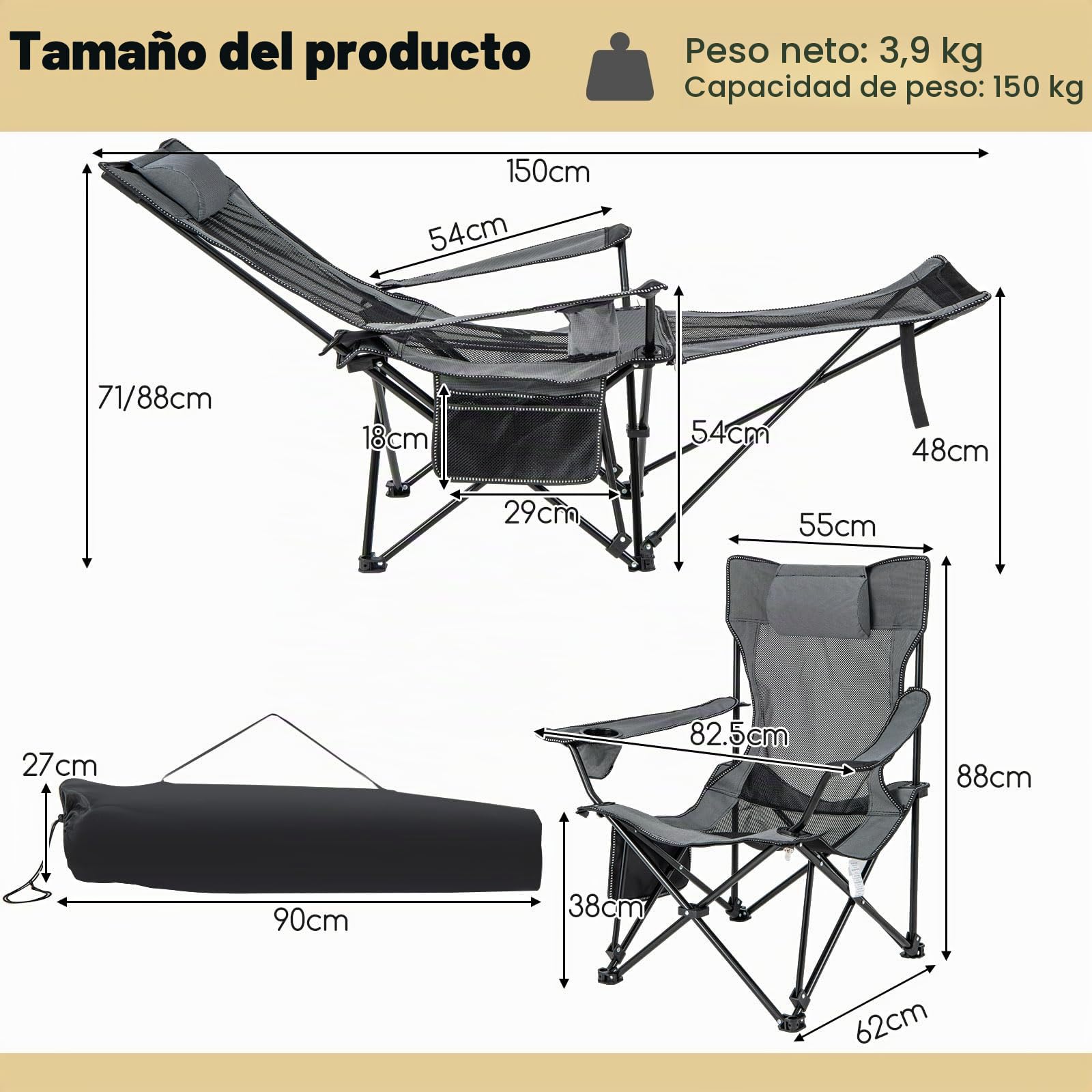 KOMFOTTEU Silla de Camping Plegable, Silla de Pesca con Respaldo Ajustable y Reposapiés Extraíble, Tumbona con Soporte para Bebidas, Bolsillo Lateral y Bolsa de Transporte (Gris)