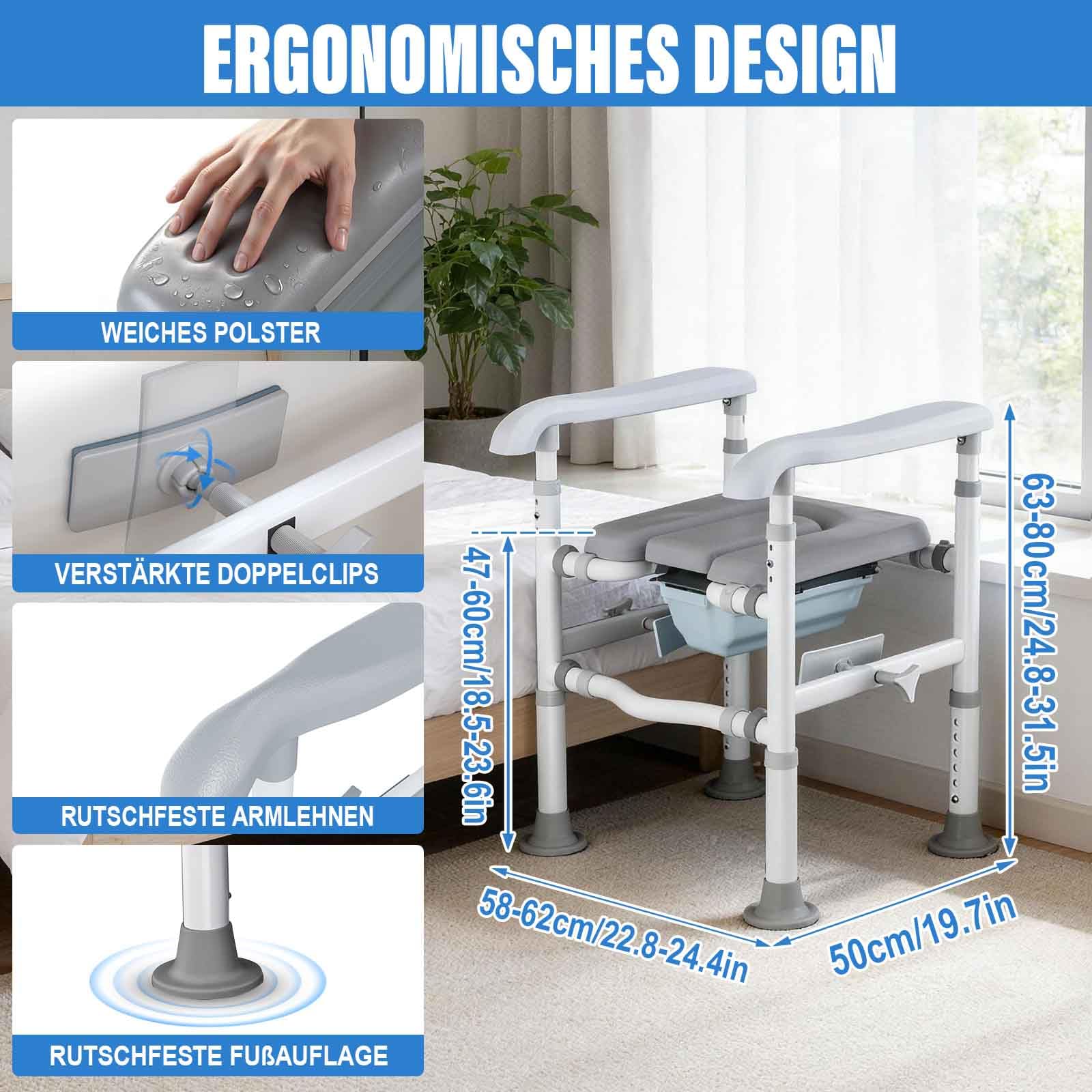 NJUN Toilettenerhöhung mit Unabhängig Verstellbare Armlehnenhöhe, 4-in-1 WC Sitzerhohung für Senioren bis 200 kg, Verstellbare Höhe & Breite Toilettenstuhl mit Gepolstertem Sitz und Abnehmbarem Eimer