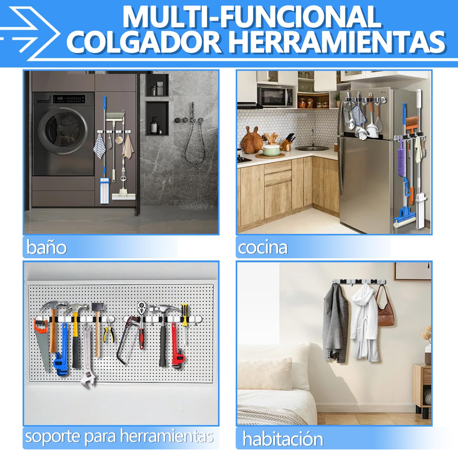 3-H Colgador Escobas Magnético 36cm, Soporte Escobas Pared SUS304 Acero Inoxidable 20KG Carga Colgador Escobas y Fregonas Sin Perforar para Restaurante, Cocina, Baño, Garaje con Tornillos