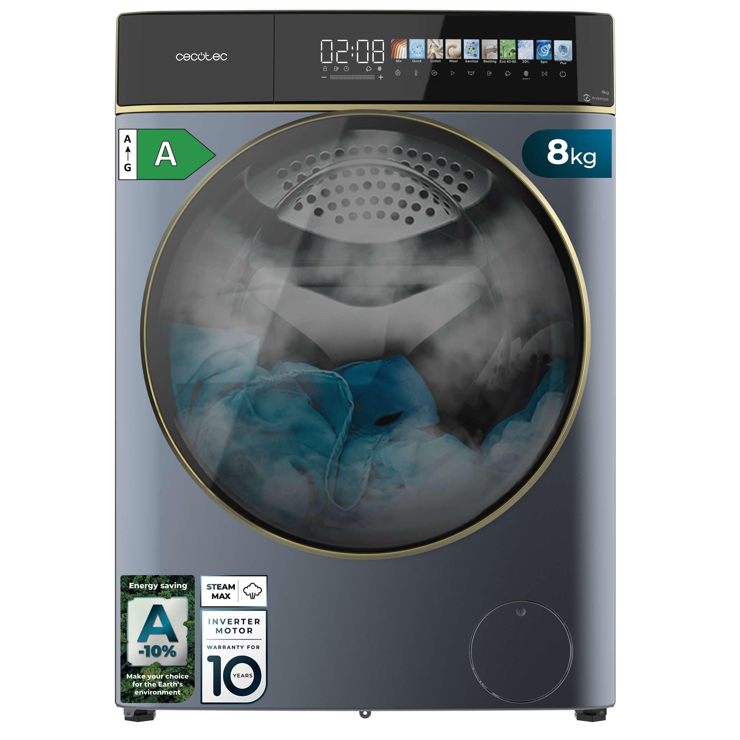 Cecotec Lavadora 8Kg Carga Frontal Bolero DressCode 8900 Inverter FullColor Ice Blue A. Acabado En Azul 1400 Rpm, Pantalla 10,3", 11 Programas, Inverter, SteamMax, Clase A Etiqueta Energética