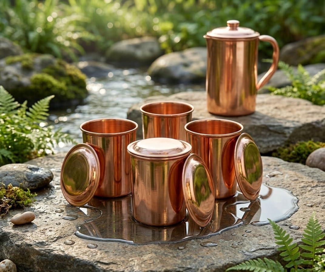 BRACOP® Miedziana karafka na wodę i szklany zestaw 1,5 litra miedziany dzbanek z 4 kubkami i pokrywkami Moscow Mule kubek szklanka dzbanek na wodę szczelny kubek naczynia do serwowania pojemnik do