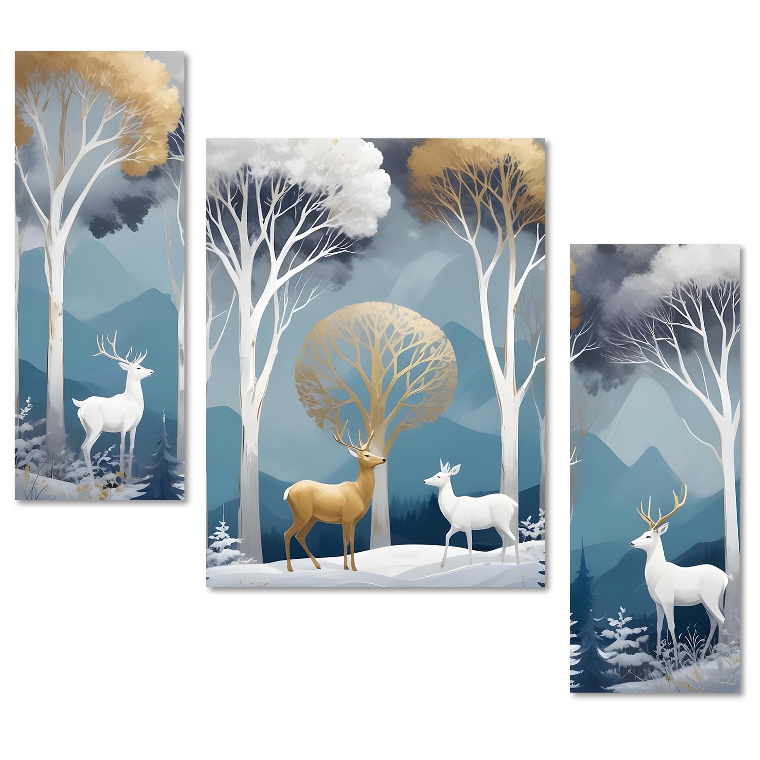 Regalo Casila Forest Deer Wall Decor – 3-Piece MDF Panel Set Featuring Snowy Woods and Golden Trees Self-Adhesive Animal Wall Art for Living Room Bedroom or Study-image-39