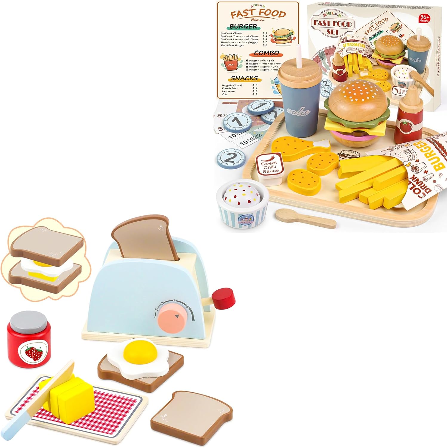 Wooden Hamburger Play Food Sets and Wooden Toaster Play Kitchen Accessories Toys