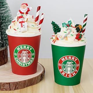 Christmas Decorations Indoor, 2 PCS Paper Cups Filled with Artificial Whipped Cream for Table, Tiered Tray, Kitchen Coffee Bar - Cute Christmas Signs for Home Decor/Holiday Decorations