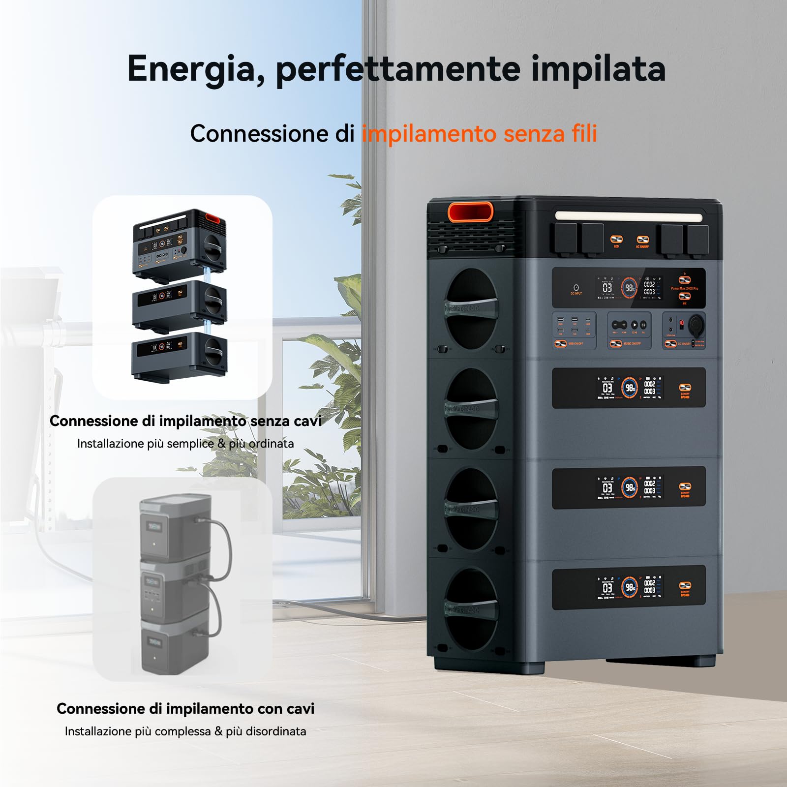 OSCAL PowerMax 2400Pro Centrale Elettrica Portatile (Modello 2025 aggiornato), batteria LiFePO4 2016 Wh, 2400W(Picco 4800W), on/off grid, Due altoparlanti, UPS 5ms, ideale per camp/camper/emergenze