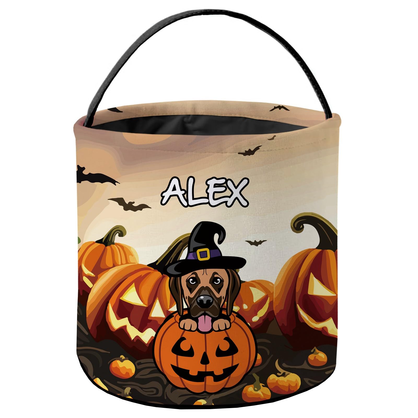 KafePross Personalized Halloween Trick or Treat Bag Smiling Brown Great Dane Dog Halloween Ghost Pumpkin Decor Basket Candy Gifts Bucket for Kids 9 x 9.8 Inch