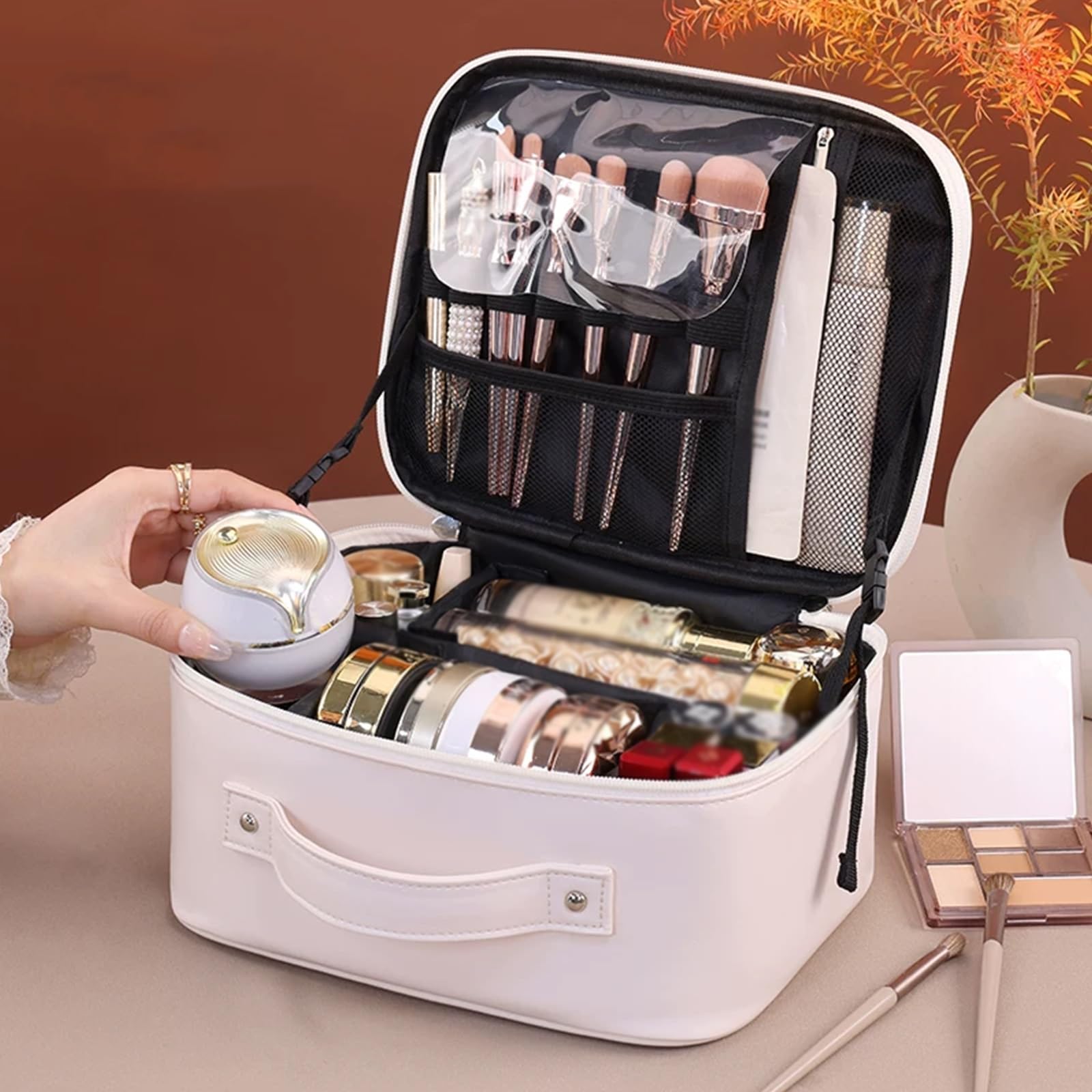 Beauty Case da Viaggio, Beauty Case da Appendere per Donna, Ideale per San Valentino, in PVC Trasparente Impermeabile, con Divisorio Interno Rimovibile e Chiusura con Fibbia(Brown)