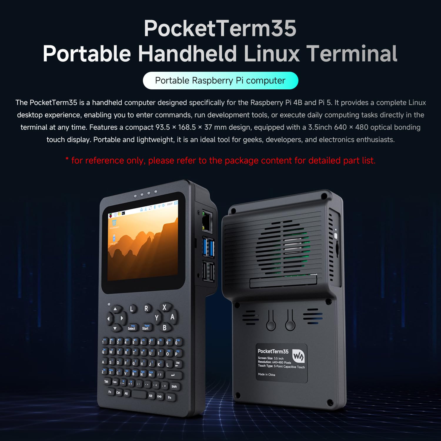 Waveshare Portable Handheld Linux Terminal with 3.5inch Touch Display, 640 × 480, Optical Bonding, Compatible with Pi 4B/5 Portable Development and Debugging Devices, PocketTerm35-Pi5 Host