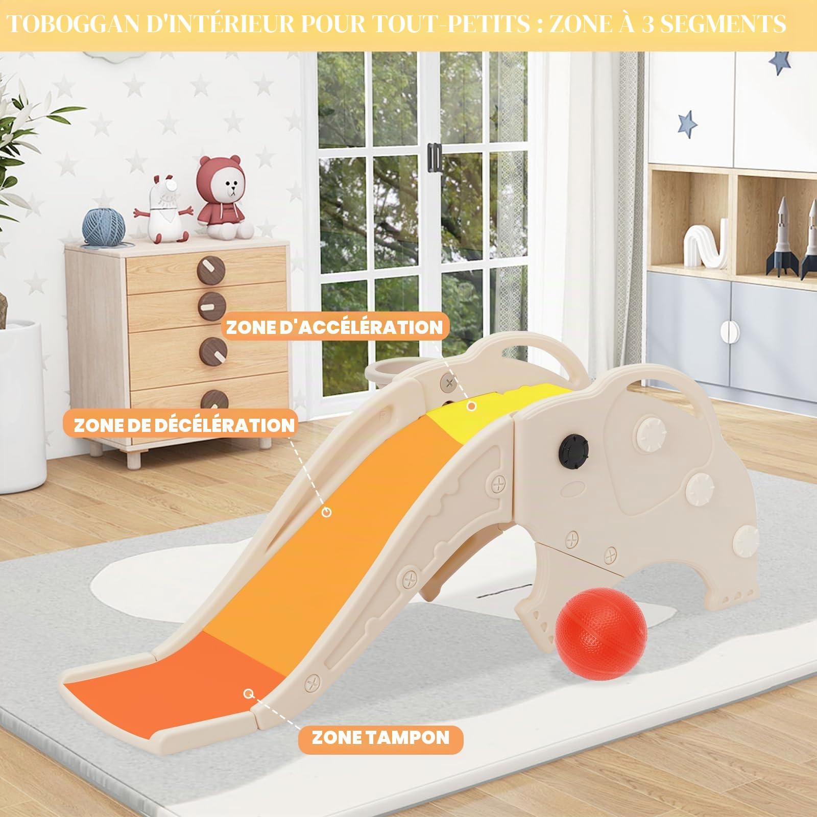 3 en 1 Toboggan pour Enfants, Toboggan avec Panier de Basketball & Ballon, Jeu d'Extérieur et l'Intérieur pour bébé