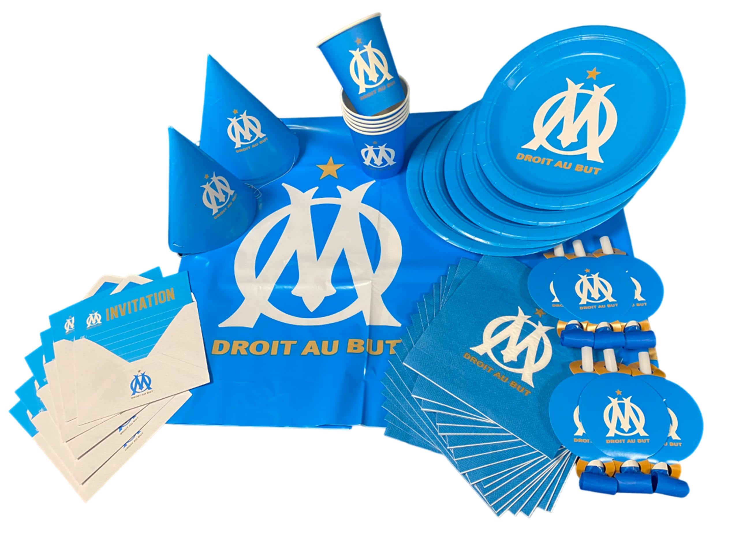 OLYMPIQUE DE MARSEILLE Pack 51 pièces : Nappe 130 x 180 cm + 6 Gobelets + 6 Assiettes + 20 Serviettes + 6 Chapeaux + 6 Sifflets + 6 Cartes d'Invitation - Collection Officielle