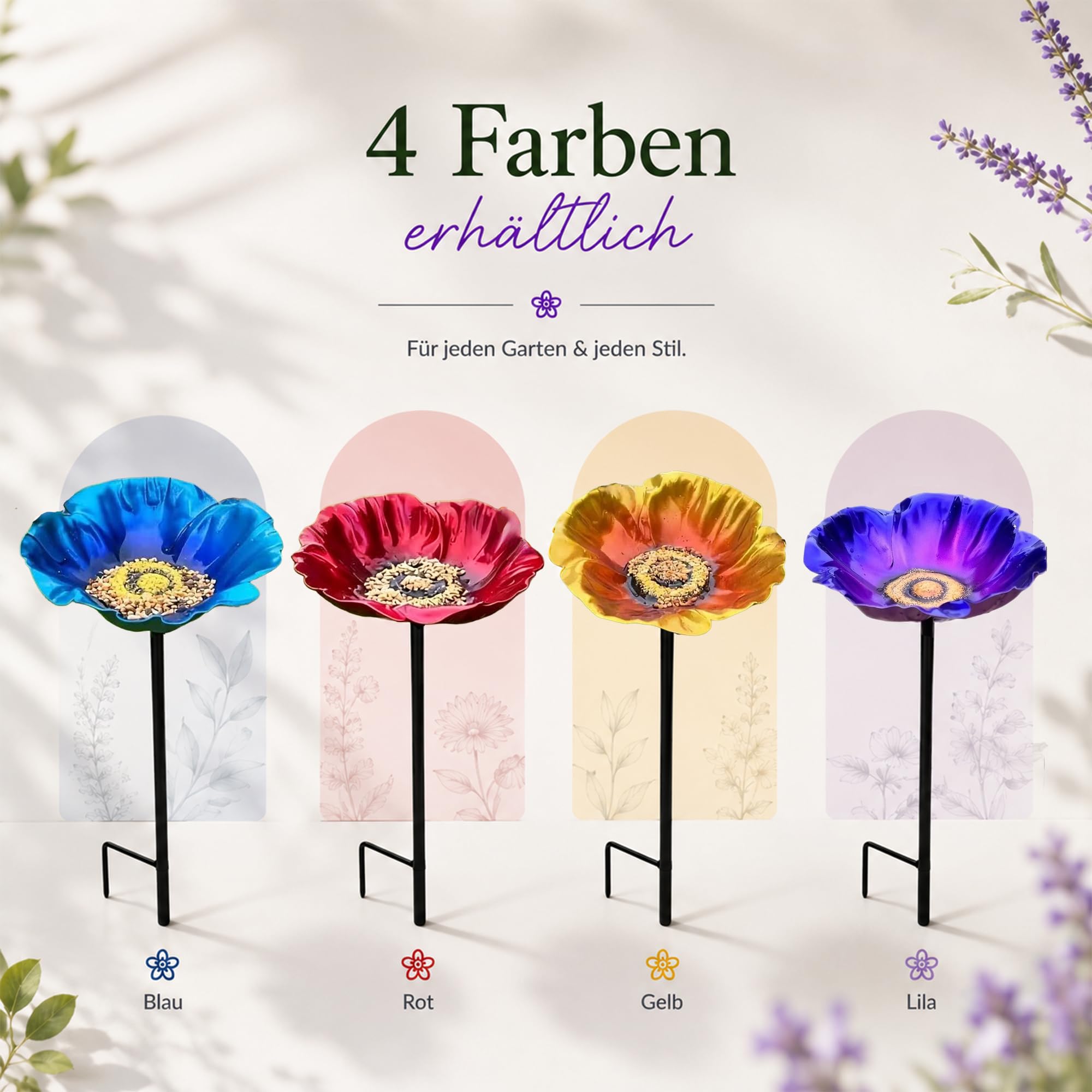 Vogeltränke Blume mit Gartenstecker aus Metall, Ø 5.1 inch,dekorative Bienentränke & Insektentränke für Garten, Balkon und Terrasse, wetterfest, 4 Farben (Lila+Gelb)